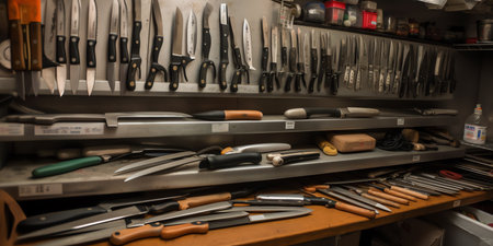 Kitchen knives and other tools on display in a tool store.の素材