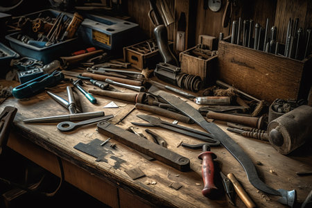 Carpenter tools on a wooden table in a carpentry workshopの素材