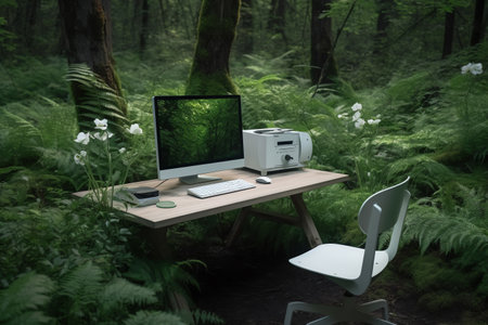 Computer on a table in a green forest. 3d rendering.の素材