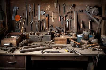 Old tools on a workbench in a garage. Retro style.の素材