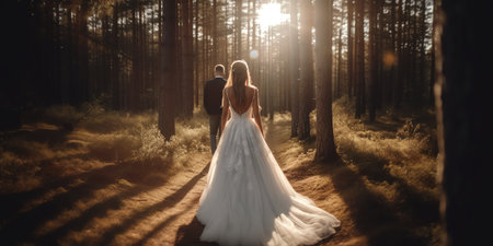 Wedding couple in the forest. Bride and groom at sunset.の写真素材