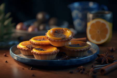 Orange tartlets with poppy seeds and anise on a wooden tableの写真素材