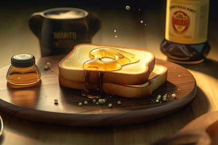 Breakfast with toast and honey on a wooden table. 3d renderingの写真素材