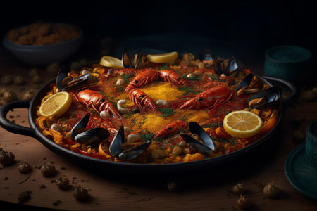 Traditional spanish paella with red crayfish and musselsの写真素材