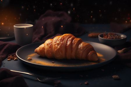 Tasty croissant served on plate with coffee beans on dark backgroundの写真素材