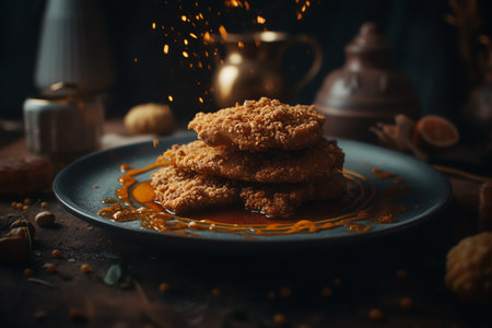 Crispy oatmeal cookies with honey and nuts on dark backgroundの素材