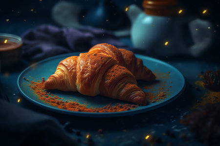 Croissants on a blue plate with a cup of coffee.の写真素材