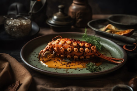 Delicious octopus with sauce on plate, served on wooden table