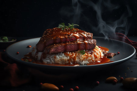Delicious beef tenderloin with rice on a black background.の写真素材