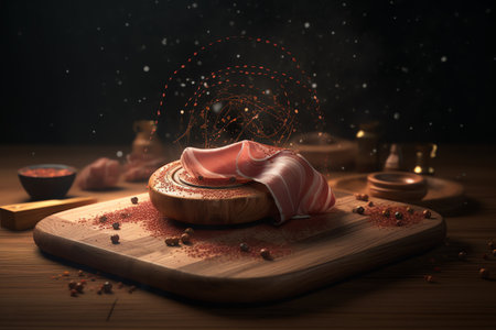 Prosciutto and spices on a wooden table. 3d renderingの素材