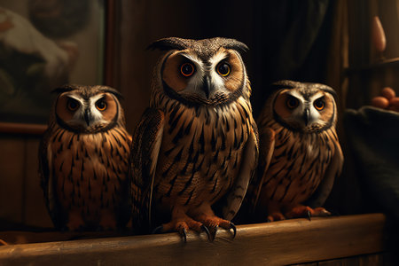 Three owls sitting on a wooden shelf in a dark room.の写真素材