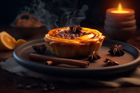 Pumpkin tart with cinnamon and anise on a dark backgroundの写真素材