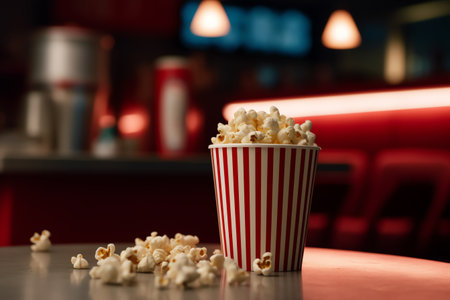 Popcorn in red striped bucket on the table in a cinema.の素材