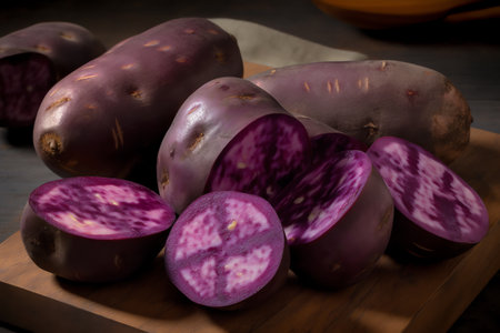 Purple eggplants on a wooden board. Dark background.の素材