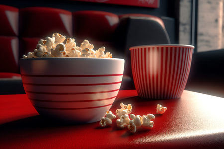 Popcorn in a bowl on a red background.の素材