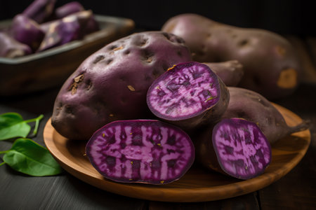 Purple sweet potatoes on a wooden background. Selective focus.の素材