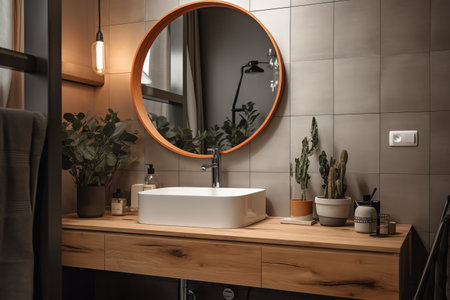 Bathroom interior with sink, mirror and plants.の素材