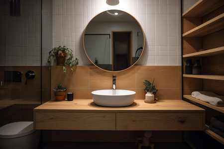 Bathroom interior with round mirror and sink. 3d renderingの素材