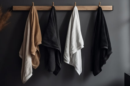 Clean towels hanging on wooden hangers in modern bathroom, interior designの素材