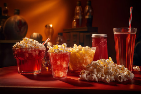 Popcorn in a glass with a straw on a red background.の素材