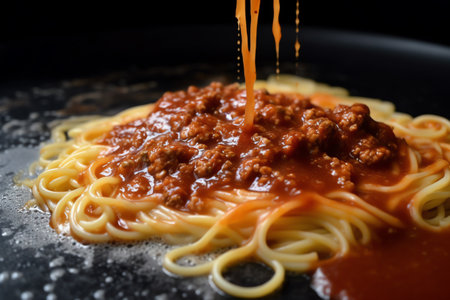 Spaghetti bolognese with tomato sauce on a black backgroundの写真素材