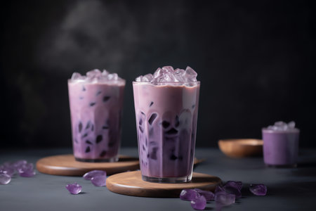 Glasses of tasty milk tea with bubbles on table, closeupの素材