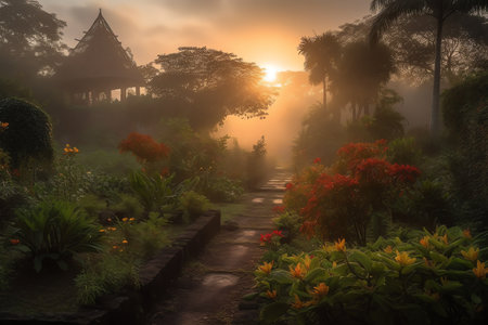 Beautiful sunrise in the tropical garden with fog and sunlightの素材