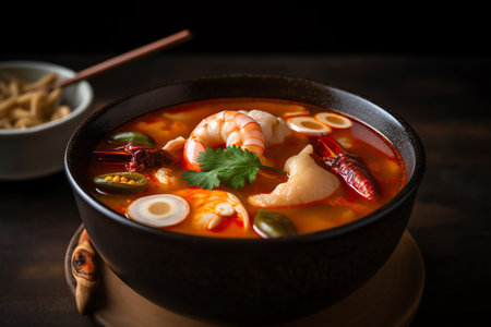 Tom Yum Goong, Thai spicy soup with shrimp, squid and eggの素材
