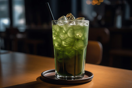 Iced green tea with ice in a glass on wooden table.の素材