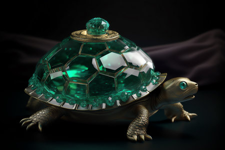 a green turtle with a crystal ball on a black backgroundの素材