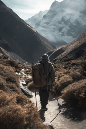 Hiking in Himalayas. Man with backpack and trekking poles on the trail.の素材