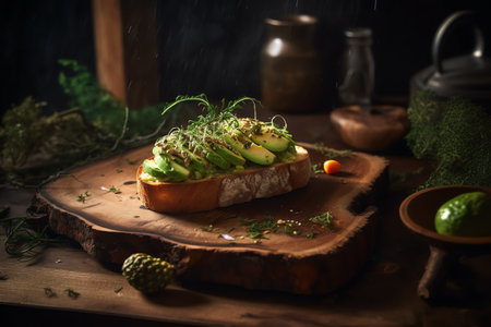 Avocado toast with microgreens on a rustic wooden boardの素材