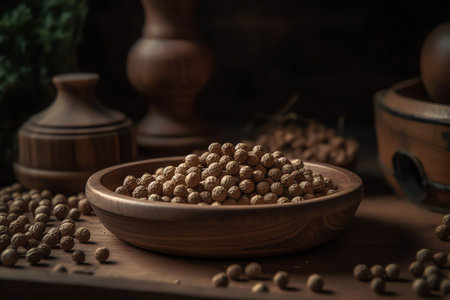 Spices and herbs in a wooden bowl on a dark background.の写真素材