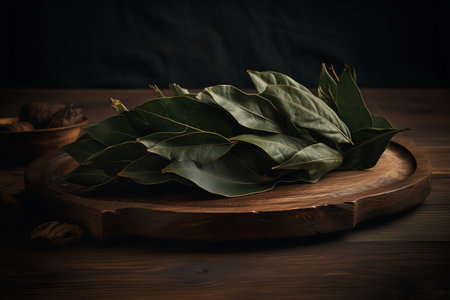 Bay leaves on a wooden board. Selective focus. Toned.の素材