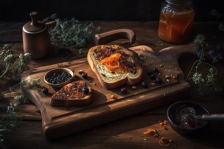 Sandwiches with carrot and blueberries on a wooden board.の素材