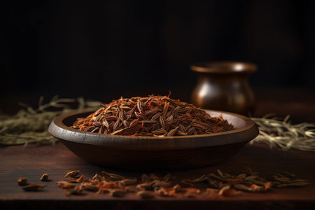 Dried rooibos in a wooden bowl on a dark background