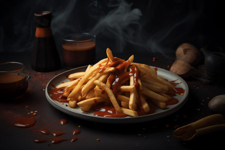 French fries with ketchup on a plate on a dark background.