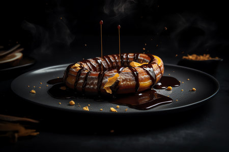 Chocolate pancakes with orange and chocolate sauce on a black plate.の写真素材