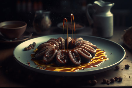 Chocolate truffles with caramel sauce on a dark background.の写真素材