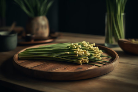 Bunch of fresh green onions on a wooden table in a kitchen