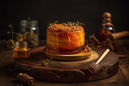 Honey in a glass jar and honey dipper on a wooden background