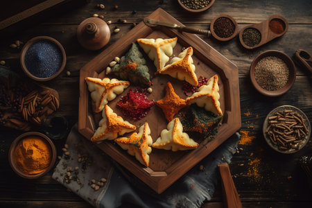 Traditional oriental sweet baklava with spices on wooden backgroundの写真素材