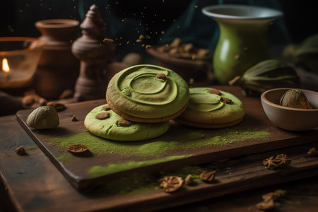 cookies with matcha tea on a wooden table. vintage styleの写真素材