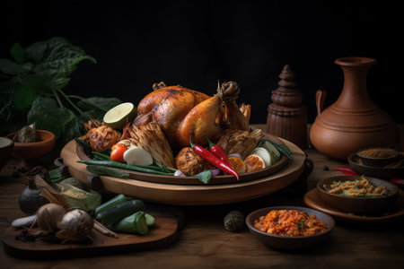 Traditional indonesian food, roasted chicken and vegetables on wooden tableの写真素材