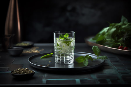 Mojito cocktail in glass with mint and chili pepper on dark backgroundの写真素材