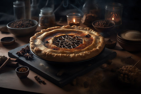 Tasty homemade pie with spices on dark background. Toned.の写真素材
