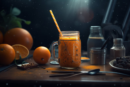 Orange smoothie in a glass jar on a wooden table in the darkの写真素材