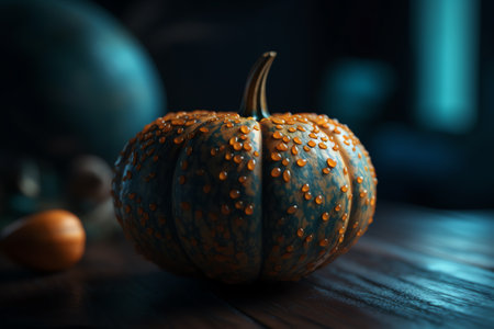 Pumpkin on a wooden table. Halloween background. Selective focusの写真素材