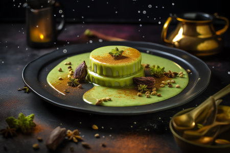 Panna cotta dessert with pistachios and mint on dark backgroundの写真素材