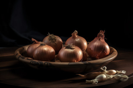 Still life with fresh onions in a wooden bowl on a black backgroundの写真素材